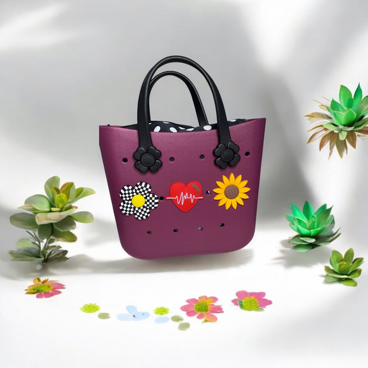 Custom Durable Silicone Waterproof Beach Tote Hues Color Handbag with  Innerbag and Sunny-flower handles plus Silicone Charms.