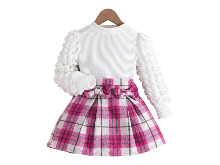 Solid Color Pleated Long Sleeve Top & Plaid Skirt Set for Girls – Chic & Comfortable Outfit