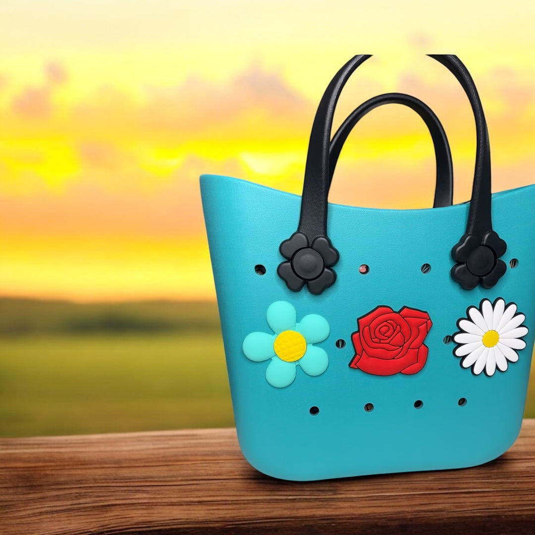 Custom Durable Silicone Waterproof Beach Tote Hues Color Handbag with  Innerbag and Sunny-flower handles plus Silicone Charms.