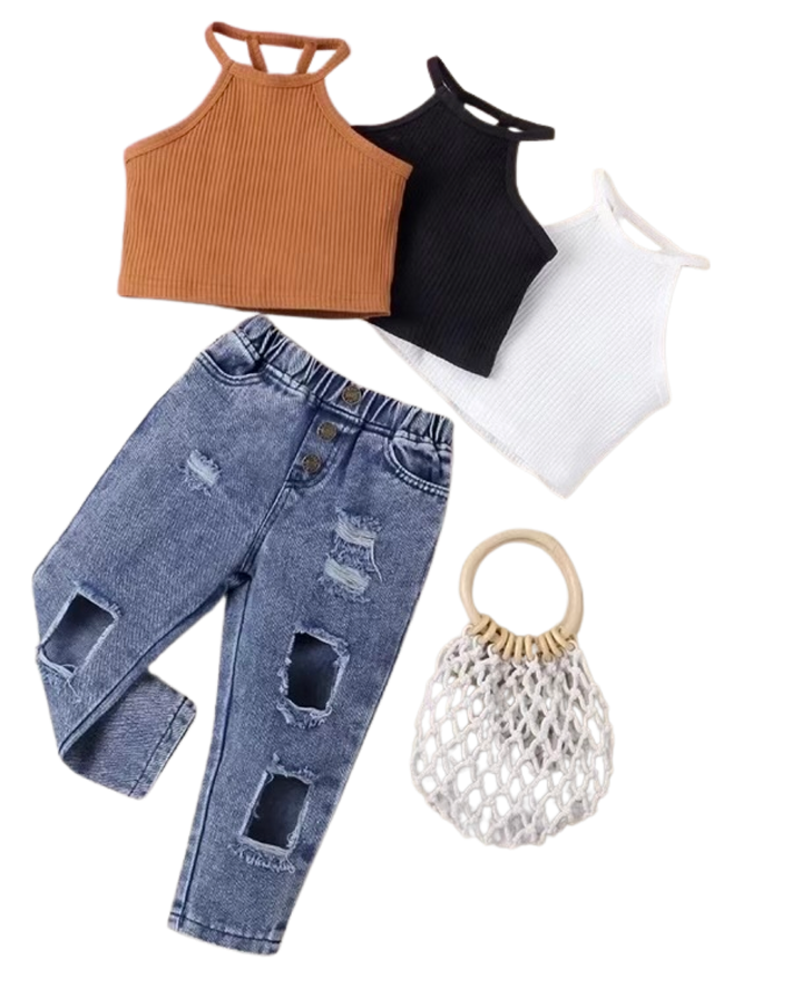 Sleeveless off-shoulder top with ripped jeans girls sets