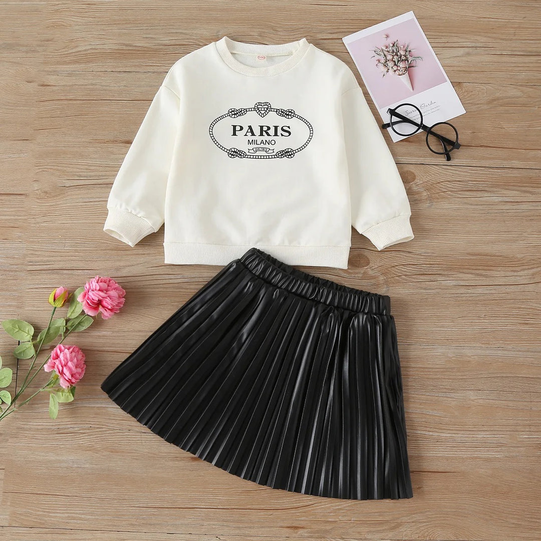 PARIS Letter Print Long-Sleeve Sweatshirt with Solid Pleated Leather Skirts sets