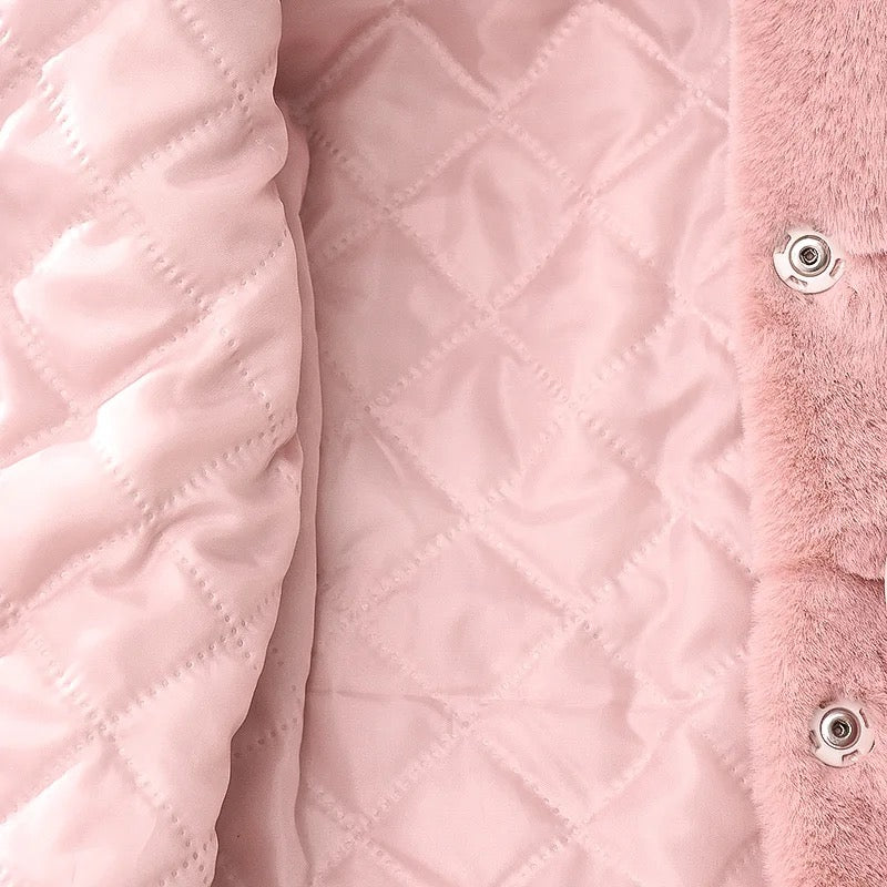 Faux Fur Wool Fabric Coat with Bow Belt filled with Cotton for Girls Winter Jacket