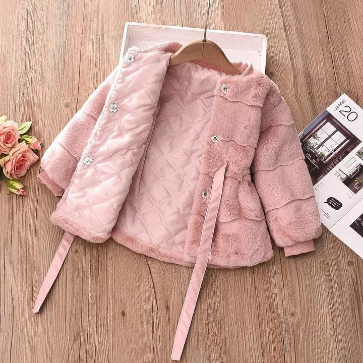 Faux Fur Wool Fabric Coat with Bow Belt filled with Cotton for Girls Winter Jacket