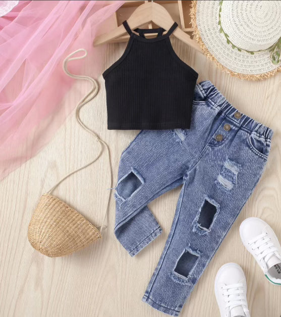 Sleeveless off-shoulder top with ripped jeans girls sets