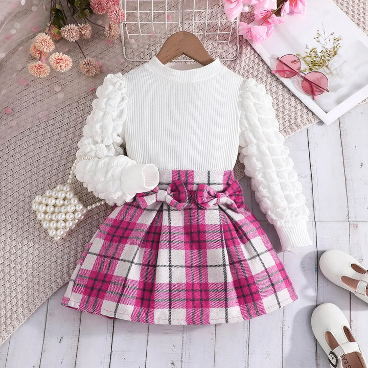 Solid Color Pleated Long Sleeve Top & Plaid Skirt Set for Girls – Chic & Comfortable Outfit