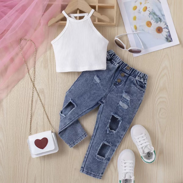 Sleeveless off-shoulder top with ripped jeans girls sets