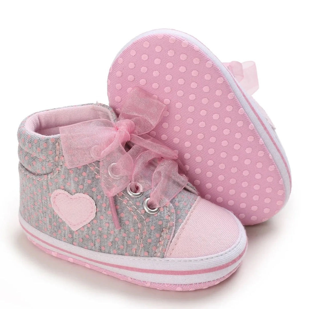 Pink Girls Heart Canvas Shoes with Embroidered Details & Lace Tie – For Infants