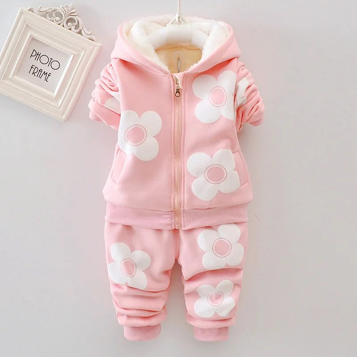 Kids Flower Patter Winter Thick Toddler Long-Sleeve Zipper Hooded Jacket Pants Sets