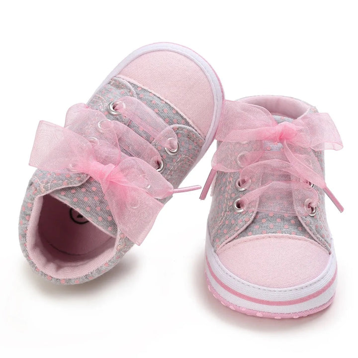 Pink Girls Heart Canvas Shoes with Embroidered Details & Lace Tie – For Infants