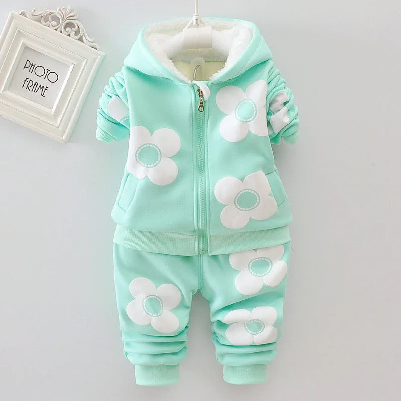 Kids Flower Patter Winter Thick Toddler Long-Sleeve Zipper Hooded Jacket Pants Sets