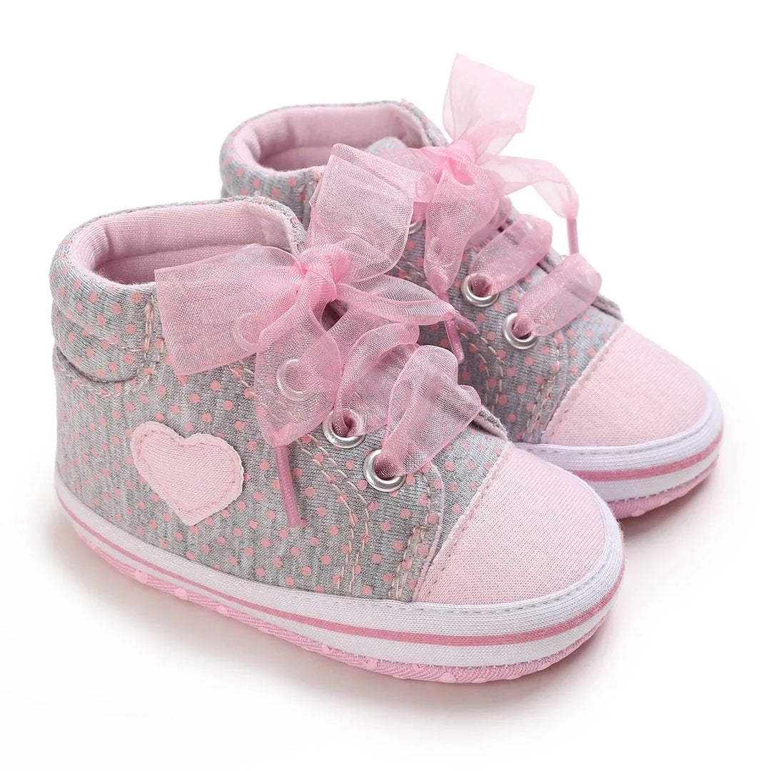 Pink Girls Heart Canvas Shoes with Embroidered Details & Lace Tie – For Infants