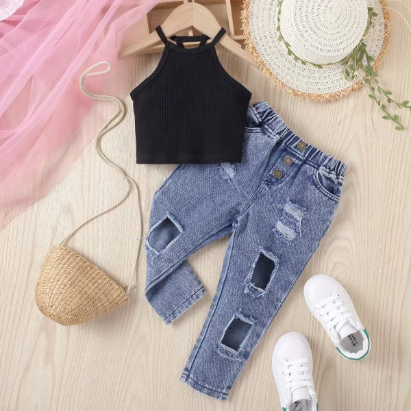 Sleeveless off-shoulder top with ripped jeans girls sets