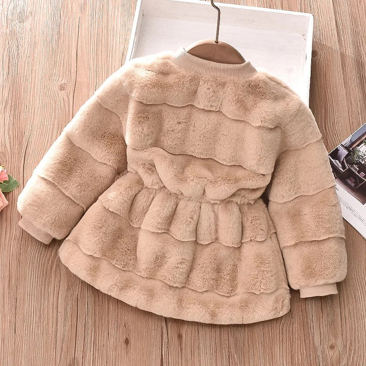 Faux Fur Wool Fabric Coat with Bow Belt filled with Cotton for Girls Winter Jacket