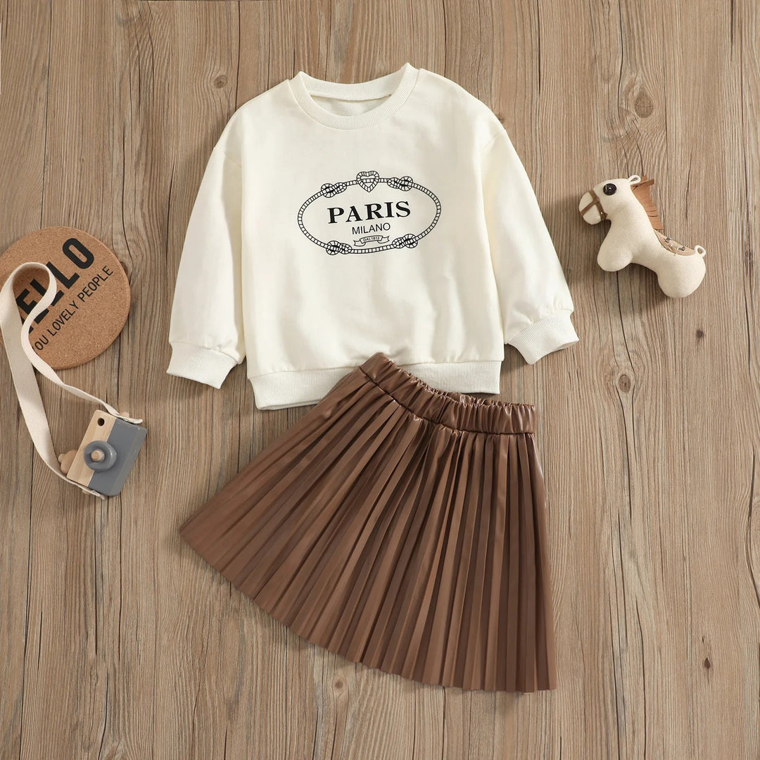 PARIS Letter Print Long-Sleeve Sweatshirt with Solid Pleated Leather Skirts sets