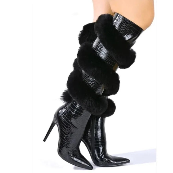 Women Knee length Furry Winter Boots with Pointed Plush Lining Zip Closure Shoes for Women