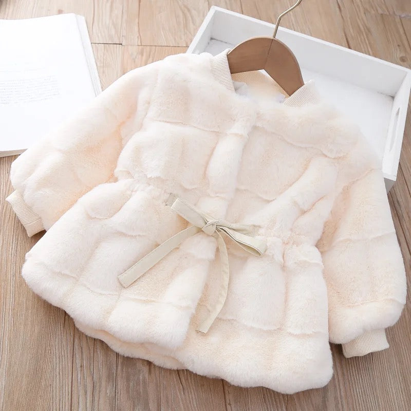 Faux Fur Wool Fabric Coat with Bow Belt filled with Cotton for Girls Winter Jacket