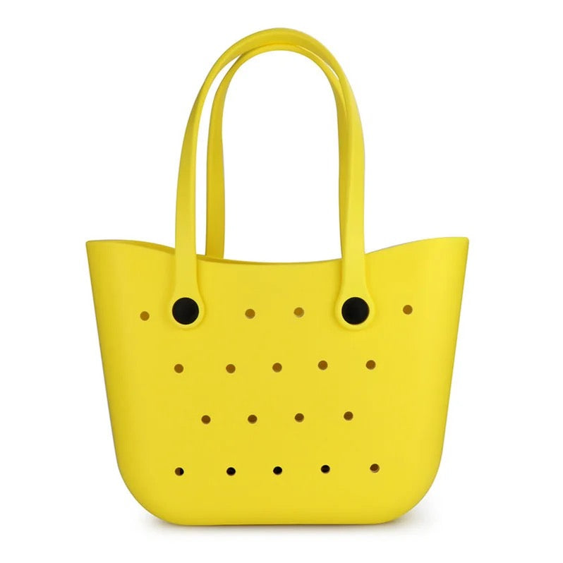 Custom Durable Silicone Waterproof Beach Tote Hues Color Handbag with  Innerbag and Sunny-flower handles plus Silicone Charms.