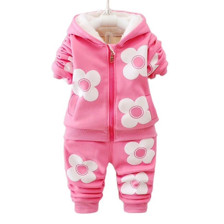 Kids Flower Patter Winter Thick Toddler Long-Sleeve Zipper Hooded Jacket Pants Sets