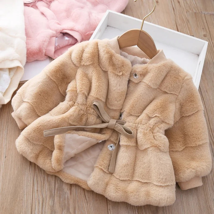 Faux Fur Wool Fabric Coat with Bow Belt filled with Cotton for Girls Winter Jacket