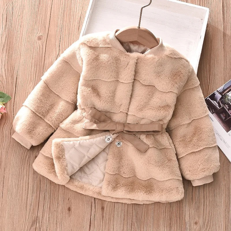 Faux Fur Wool Fabric Coat with Bow Belt filled with Cotton for Girls Winter Jacket