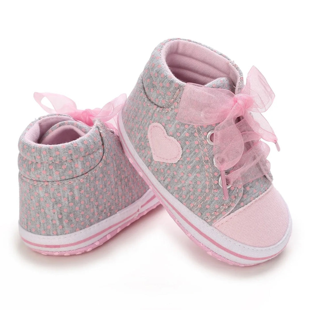 Pink Girls Heart Canvas Shoes with Embroidered Details & Lace Tie – For Infants