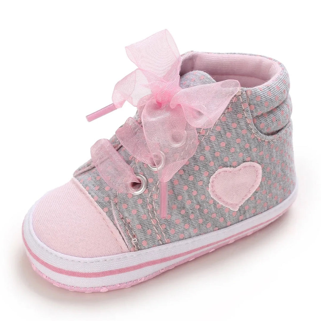 Pink Girls Heart Canvas Shoes with Embroidered Details & Lace Tie – For Infants