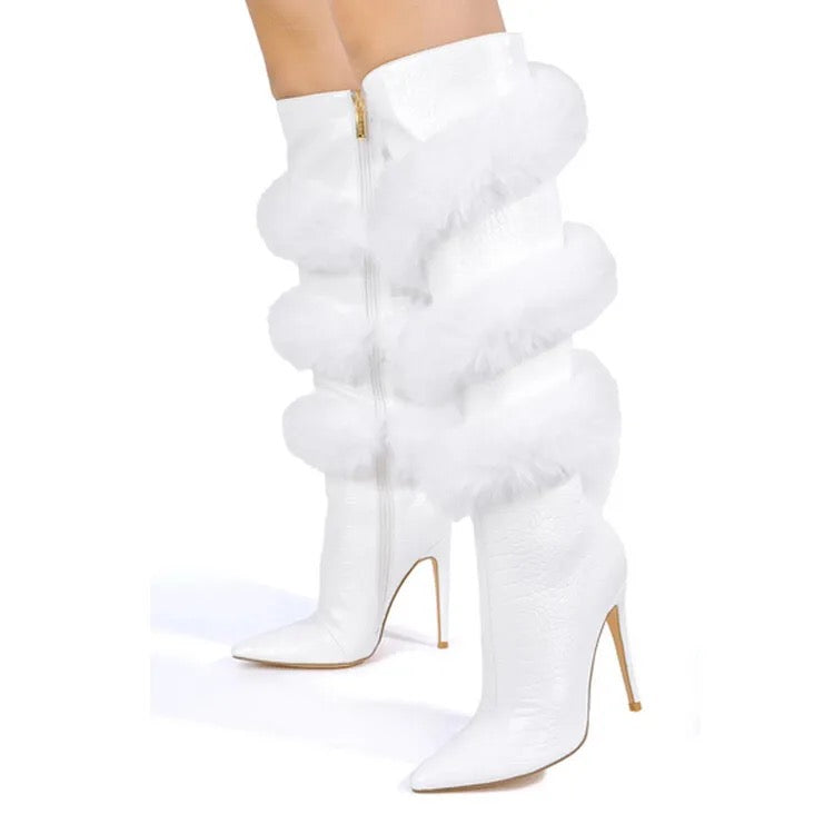 Women Knee length Furry Winter Boots with Pointed Plush Lining Zip Closure Shoes for Women