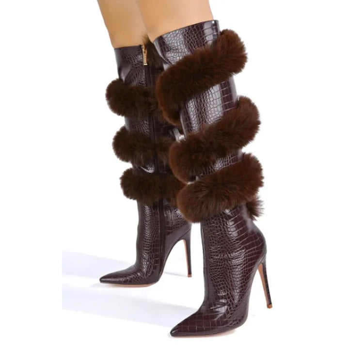 Women Knee length Furry Winter Boots with Pointed Plush Lining Zip Closure Shoes for Women