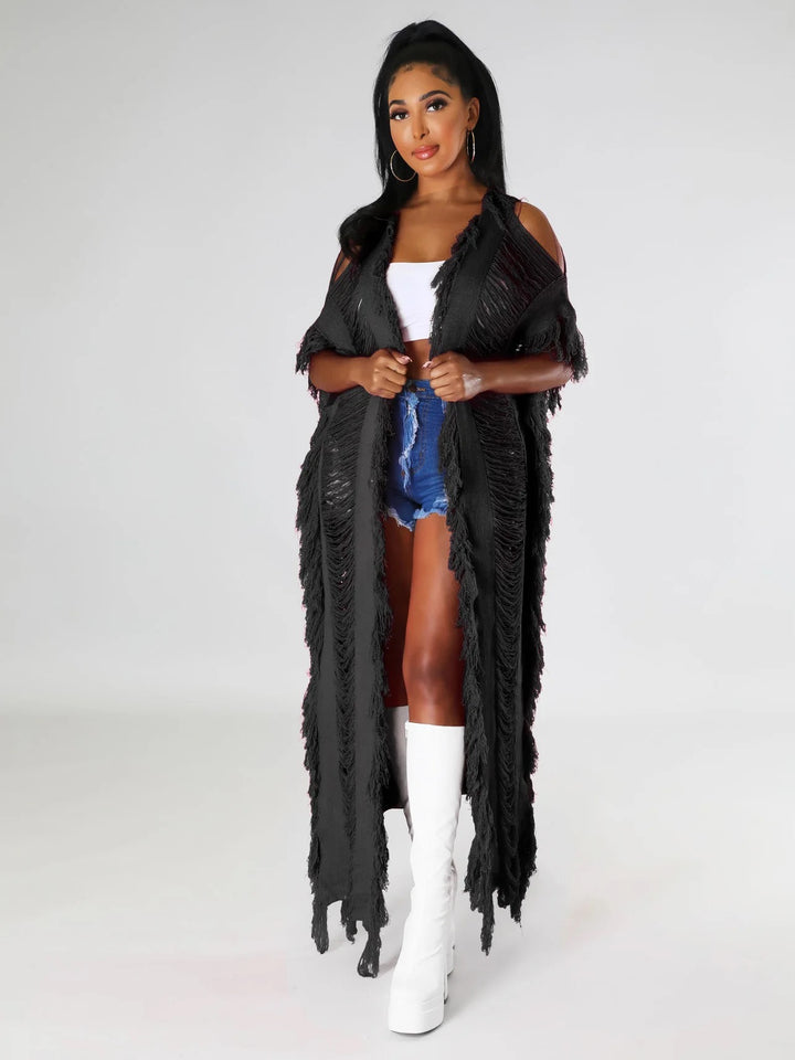 Elegant Knit Ribbed Short Sleeve Hole Tassel Side Maxi Long Cardigan Sweater Capes Ponchos Outcast