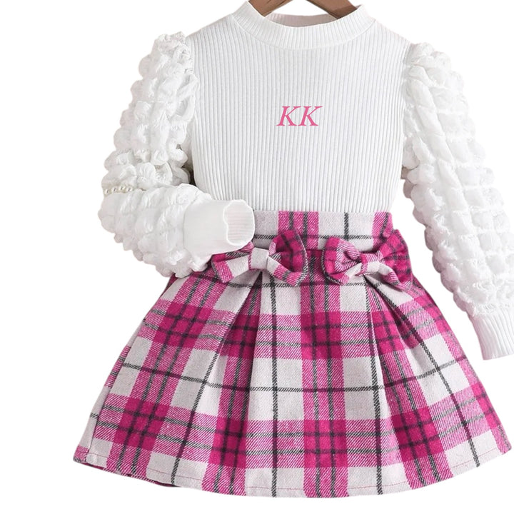 Solid Color Pleated Long Sleeve Top & Plaid Skirt Set for Girls – Chic & Comfortable Outfit