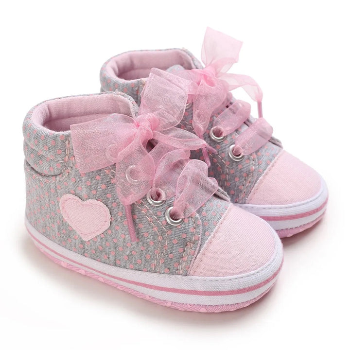 Pink Girls Heart Canvas Shoes with Embroidered Details & Lace Tie – For Infants