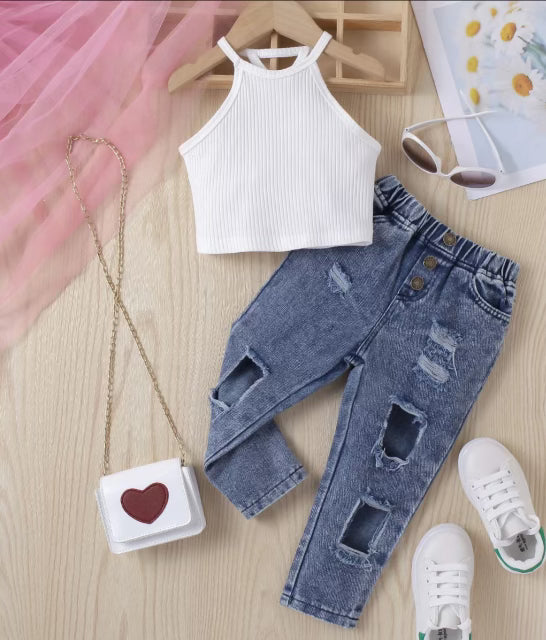 Sleeveless off-shoulder top with ripped jeans girls sets