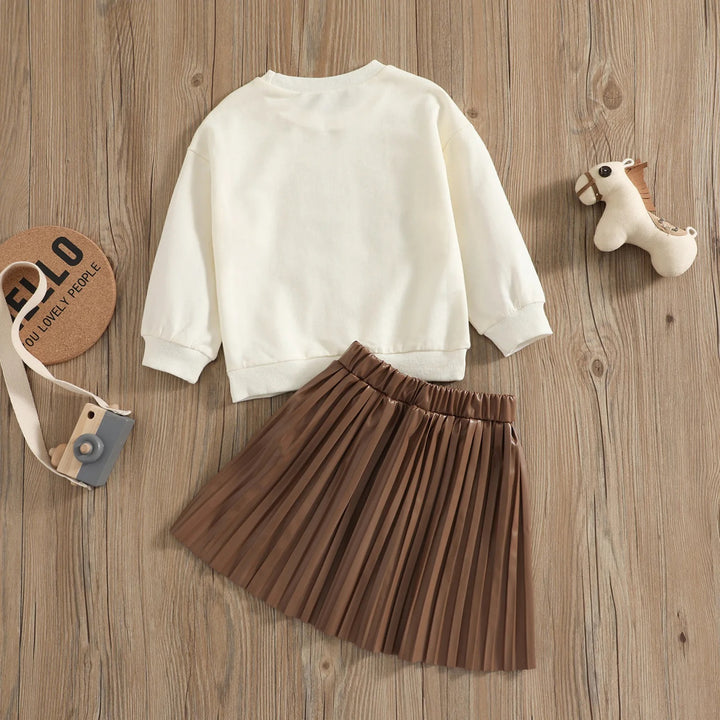 PARIS Letter Print Long-Sleeve Sweatshirt with Solid Pleated Leather Skirts sets