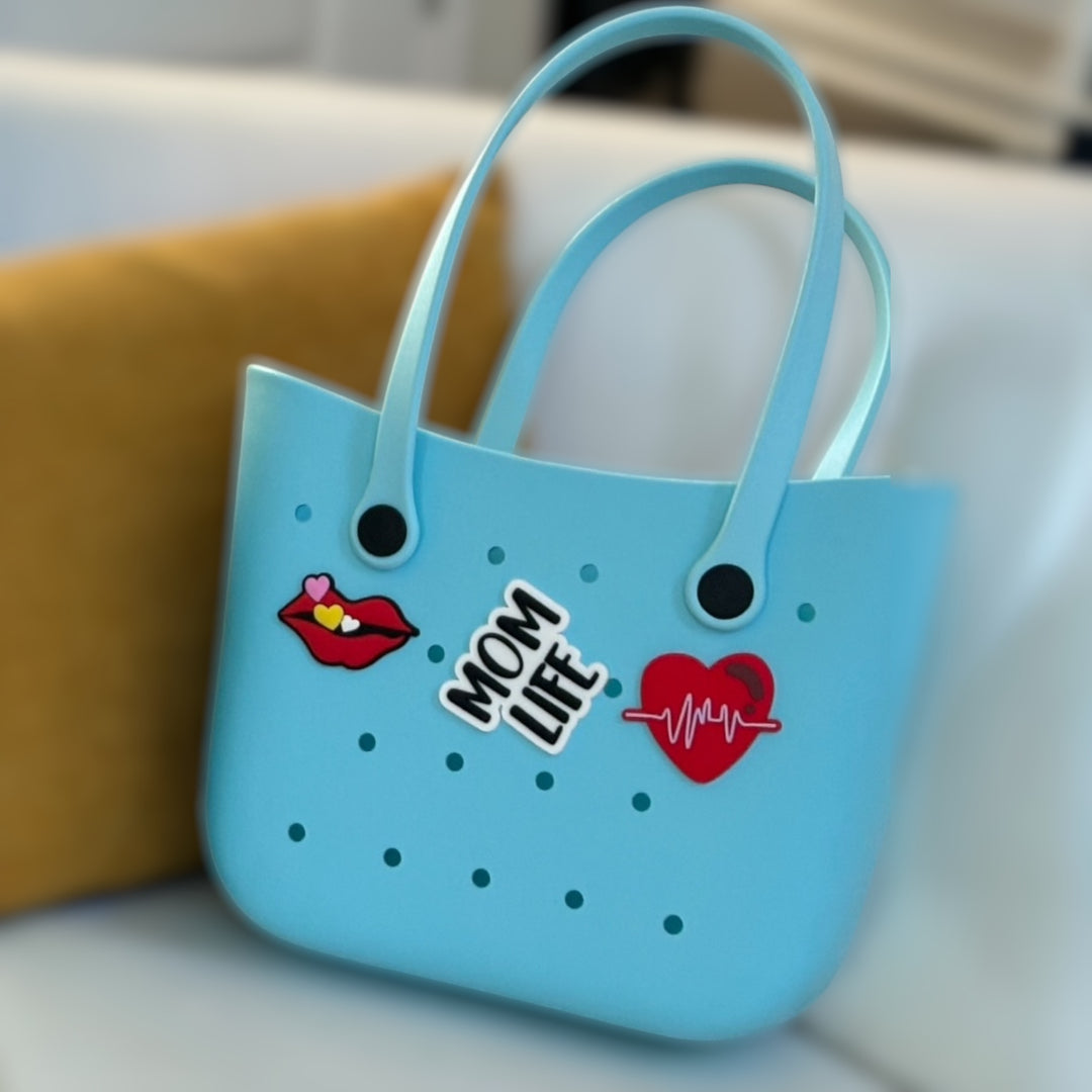 Custom Durable Silicone Waterproof Beach Tote Hues Color Handbag with  Innerbag and Sunny-flower handles plus Silicone Charms.