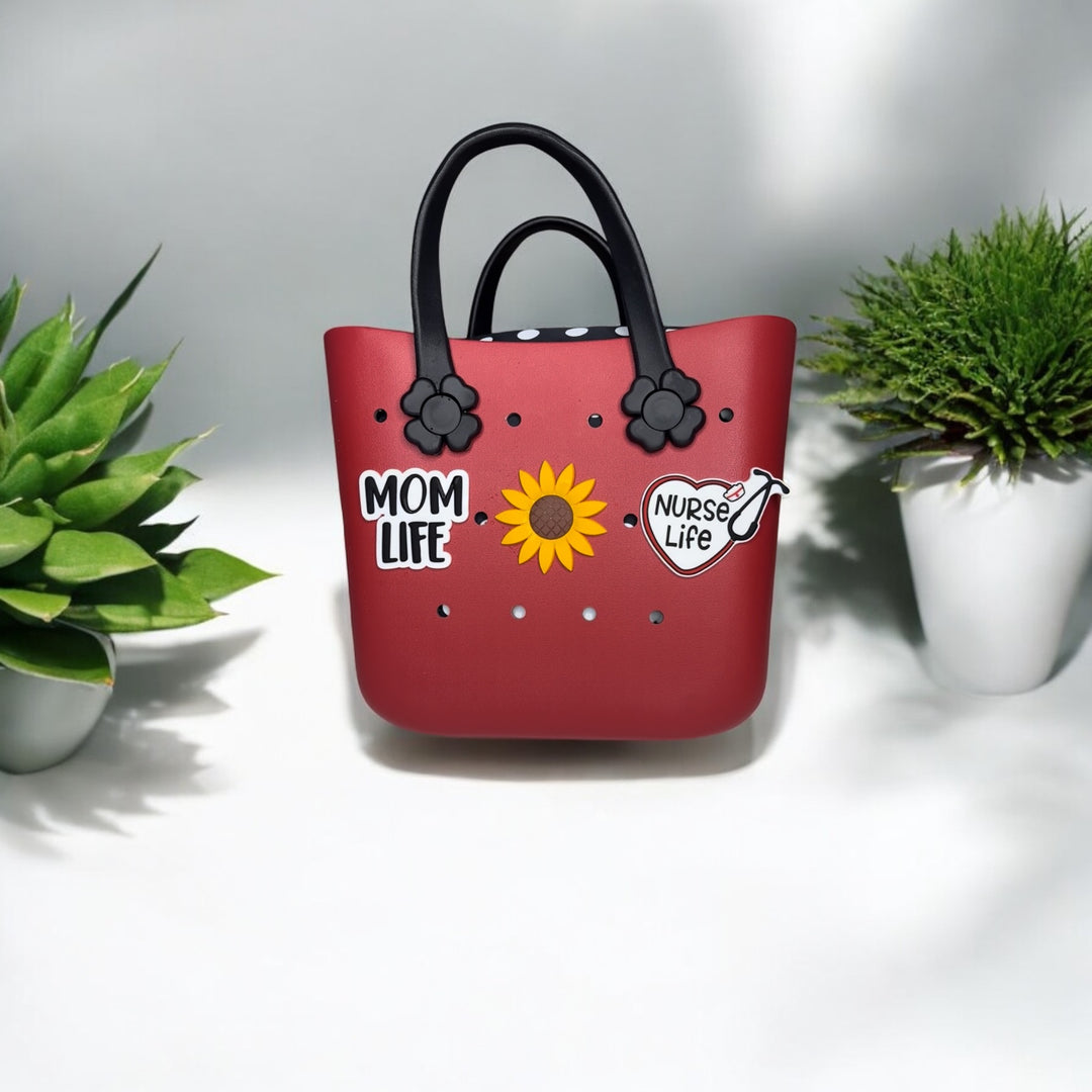 Custom Durable Silicone Waterproof Beach Tote Hues Color Handbag with  Innerbag and Sunny-flower handles plus Silicone Charms.