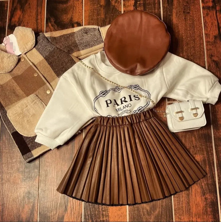 PARIS Letter Print Long-Sleeve Sweatshirt with Solid Pleated Leather Skirts sets