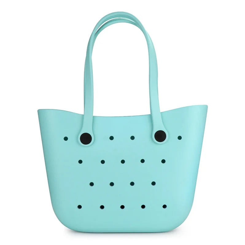 Custom Durable Silicone Waterproof Beach Tote Hues Color Handbag with  Innerbag and Sunny-flower handles plus Silicone Charms.