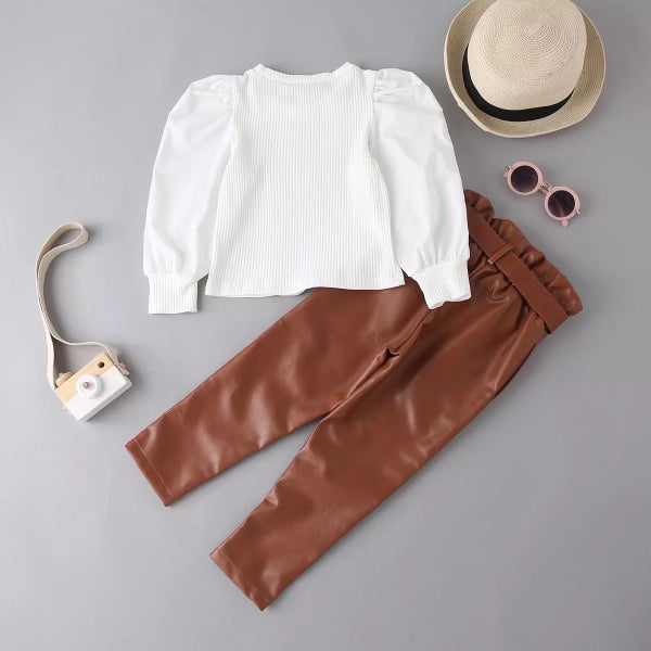 Puff Sleeves Top Pu Leather Pant with Belt Sera