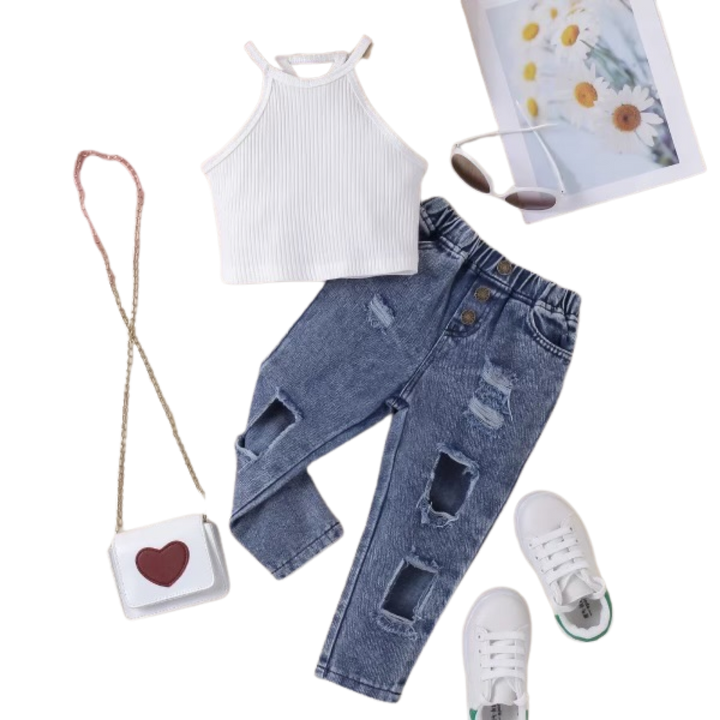 Sleeveless off-shoulder top with ripped jeans girls sets