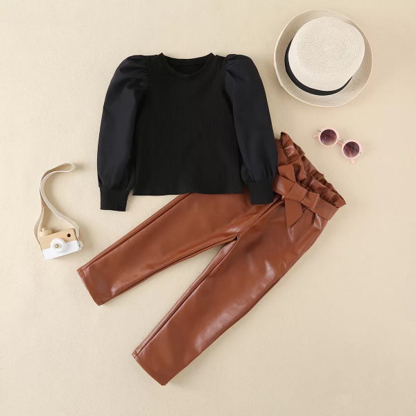 Puff Sleeves Top Pu Leather Pant with Belt Sera