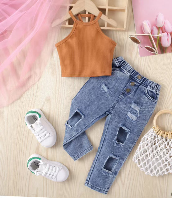 Sleeveless off-shoulder top with ripped jeans girls sets