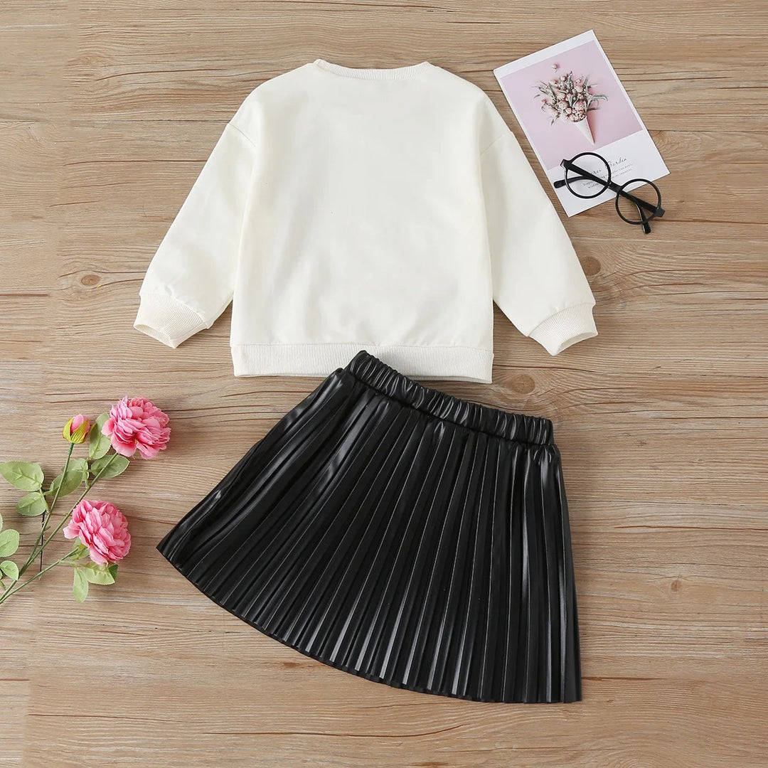 PARIS Letter Print Long-Sleeve Sweatshirt with Solid Pleated Leather Skirts sets