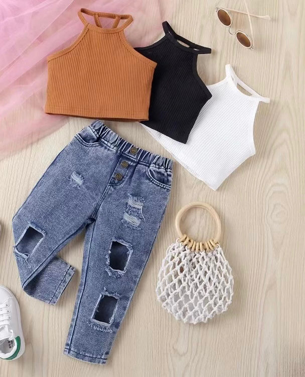 Sleeveless off-shoulder top with ripped jeans girls sets