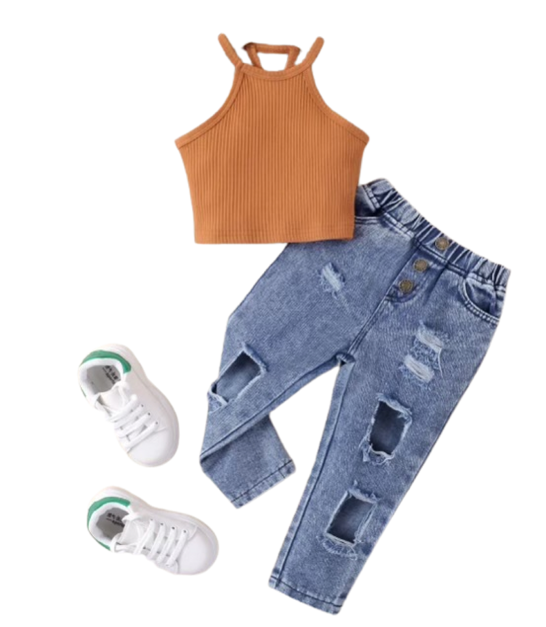 Sleeveless off-shoulder top with ripped jeans girls sets