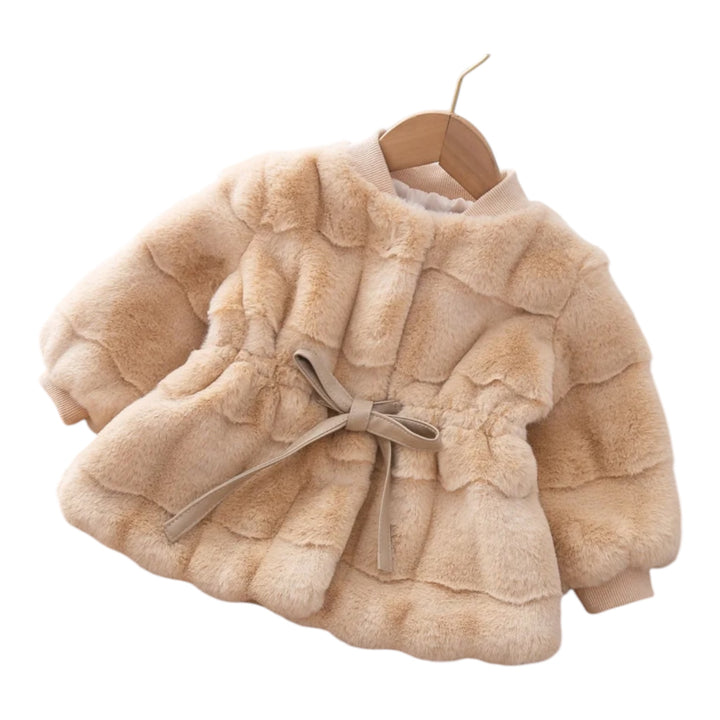 Faux Fur Wool Fabric Coat with Bow Belt filled with Cotton for Girls Winter Jacket