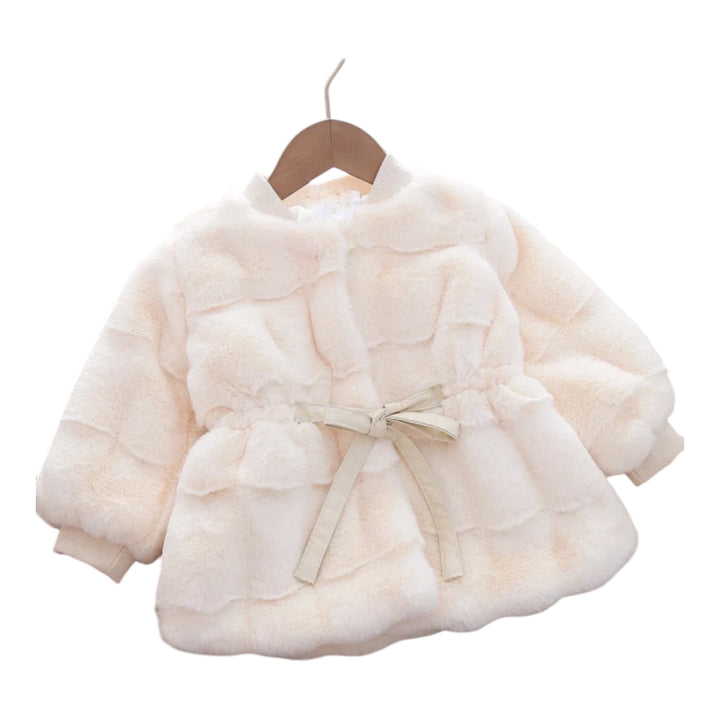 Faux Fur Wool Fabric Coat with Bow Belt filled with Cotton for Girls Winter Jacket