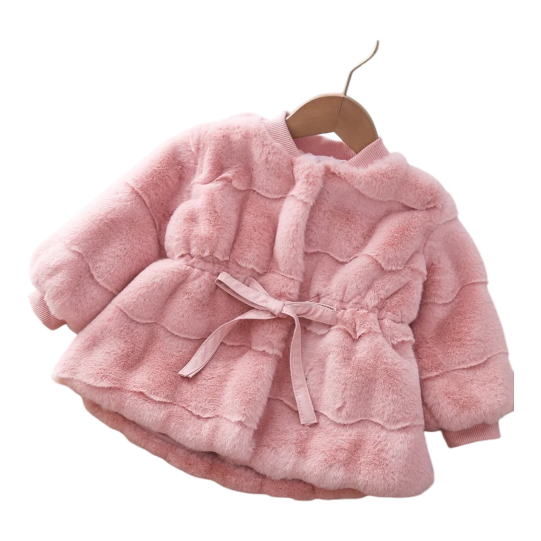 Faux Fur Wool Fabric Coat with Bow Belt filled with Cotton for Girls Winter Jacket