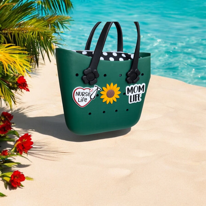 Custom Durable Silicone Waterproof Beach Tote Hues Color Handbag with  Innerbag and Sunny-flower handles plus Silicone Charms.