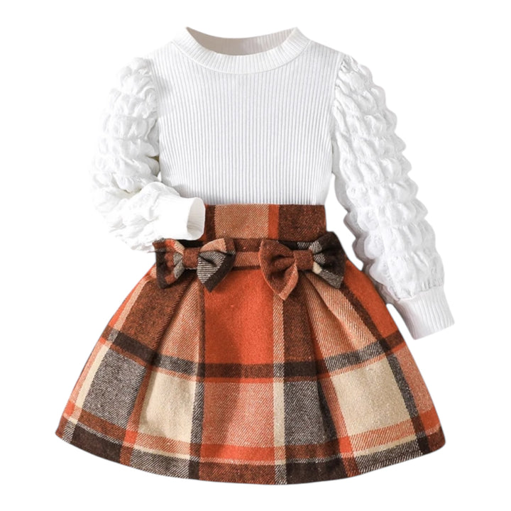 Solid Color Pleated Long Sleeve Top & Plaid Skirt Set for Girls – Chic & Comfortable Outfit