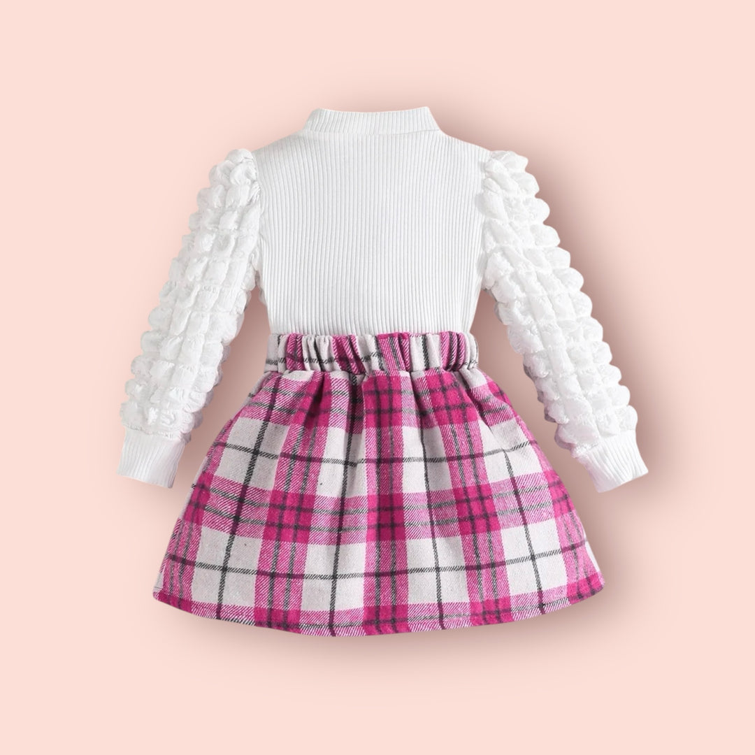 Solid Color Pleated Long Sleeve Top & Plaid Skirt Set for Girls – Chic & Comfortable Outfit